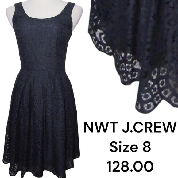 J. Crew NWT Swirling Lace Dress Navy Blue Sleeveless Timeless Fit Flare Size 8 - Picture 1 of 6